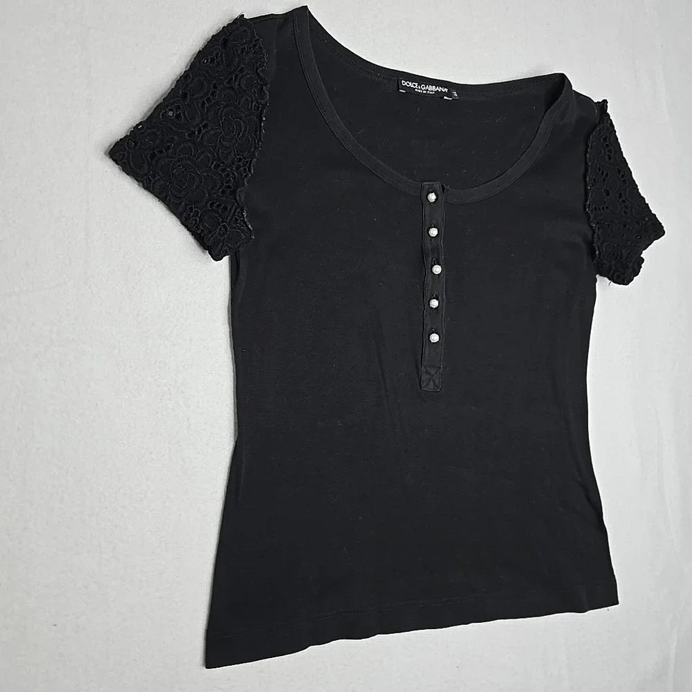 Dolce & Gabbana Women Black Shirt Size 44 Pearl Button Closure Lace Sleeve US 8